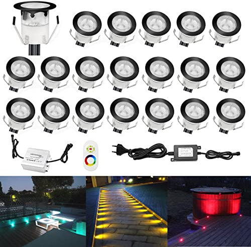 CHNXU 20er Set LED Bodeneinbauleuchte Ø30mm 0.3W Treppen Einbaustrahler DC 12V IP67 Wasserdicht Außen Lampe RGB Farbwechsel Lichter für Garden Küche Decke Holzbrücke Poolbeleuchtung Holzdeck, Schwarz