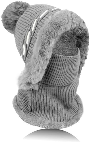 TAGVO Damen Winterschal Strickmütze, Balaclava Winter Schlupfmütze lässige Plüsch Mütze, 2 in 1 Wintermütze Strickmütze, Damen Balaclava Beanie Winddichte, Warme Stricken Mütze mit Fleecefutter