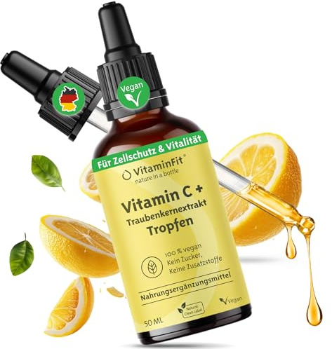 Vitamin C Tropfen mit OPC aus Traubenkernextrakt – 180 mg Vitamin C - Flüssig - gepuffertes Calcium-L-Ascorbat – Hohe Bioverfügbarkeit – Ohne Zusatzstoffe – Vorrat für 2 Monate (50 ml)