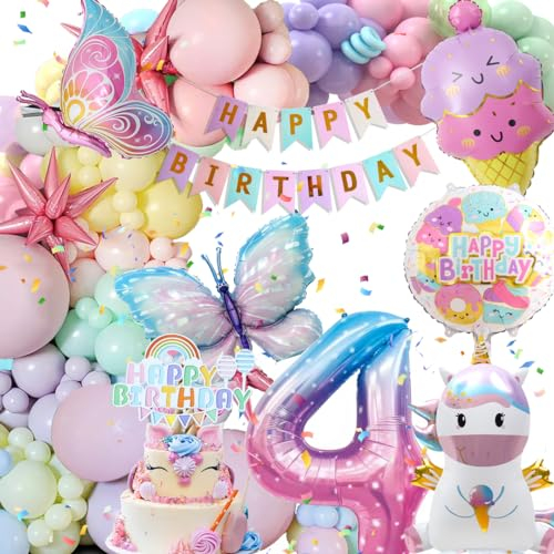 4 Jahre Geburtstagsdeko Mädchen, Deko Luftballons Kindergeburtstag, Einhorn Kindergeburtstag Deko, 4 Jahre Happy Birthday Deko, Einhorn Schmetterling Folienballon Geburtstag Deko für 4 Jahre Mädchen