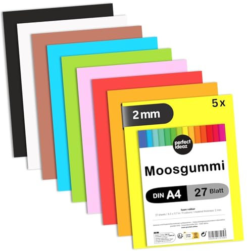 perfect ideaz - Moosgummi DIN-A4, 135 Blatt, 9 Farben, 29,7 x 21 cm (2 mm dick), farbiges Bastelmaterial für Kinder, Top Qualität