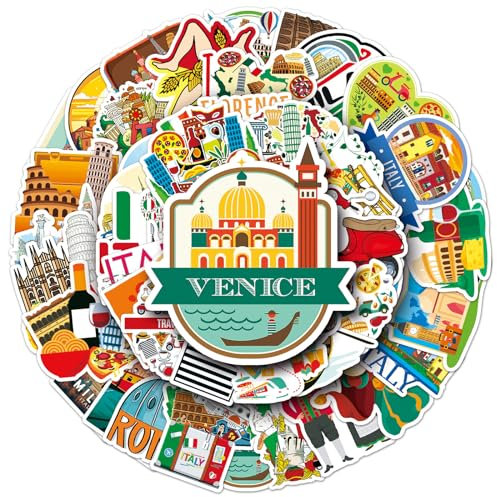 50 Stück Italien Aufkleber Set - Vinyl Sticker für Laptop, Tagebuch, Scrapbooking, Fotoalbum - Italienische Deko, Flaggen und Souvenirs aus Mailand, Toskana und Florenz, Cute yidali Stickers