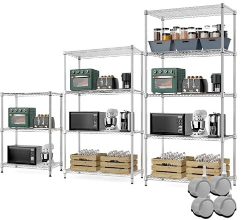 Nilpferd® Lagerregal,Regal,Gitterregal Metall,Vorratsregal,Küchenregal,Lagerregal aus Metall für Keller, Wohnzimmer, Büro, Easy verstellbare Ablagen, maximales Gewicht 300kg,(59x34x77cm H) Chrom