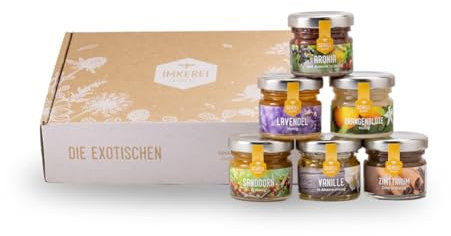 Imkerei Schell - Honig Geschenkset (6x35 g) Die Exotischen - Honigset ideal zum Verschenken oder Probieren - Mini Honiggläser gefüllt mit Akazienhonig, Lavendelhonig, Honig mit Zimt