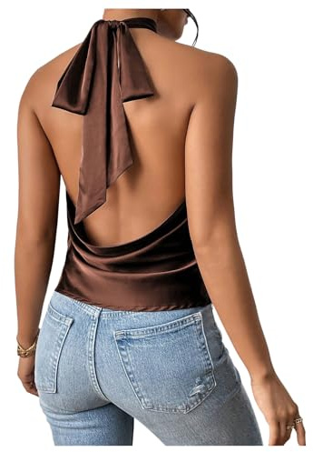MakeMeChic Women's Satin Silk Halter Going Out Tops Open Back Tank Top