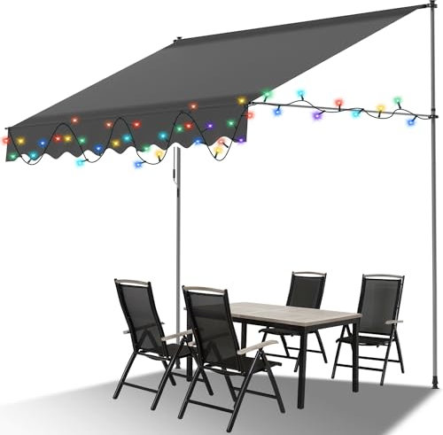 ISOISL Klemmmarkise 300 cm breit mit LED Beleuchtung, Markise ohne Bohren mit Handkurbel, UV-beständig, Sonnenschutz und Wasserdicht,Markise Balkon Anthrazit