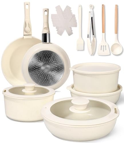 Juego de 19 Ollas, Bateria de Cocina Y Sartenes Induccion, Sarten Ceramica Con Tapas, 2 Mango Desmontable, Antiadherentes, Sin Ptfe Y Pfoa, Sartenes Ceramica Para Todas Las Cocinas