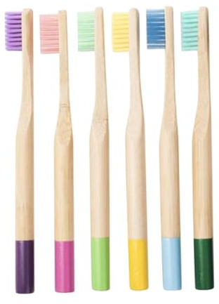 Kinderzahnbürste mit Bambusgriff -pack und Faserborsten | Farbiges für Kinder, Rutschfester Griff, Ergonomische Form, 6 Stück für Tägliche Mundpflege