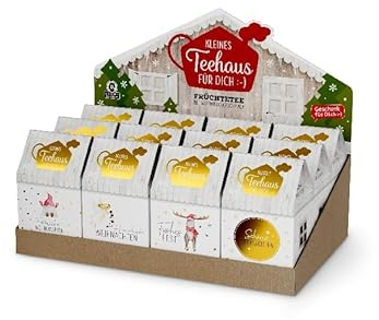 Mini Teehaus Weihnachts-Geschenkset- 12er Display mit 8x 3,5g Früchtetee Sauerkirsche - Sortierte Motive - Ideal als Wichtelgeschenk und Adventskalender-Füller (Display - Weiß)