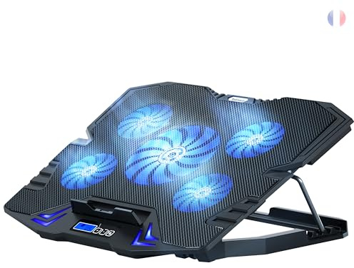 TopMate C5 Base de Refroidissement pour PC Portable Gamer (10-15,6 Pouces) | Support à Ventilateurs avec Réglage de Hauteur, 5 Ventilateurs Silencieux, Luce LED Bleue et Contrôleur LCD