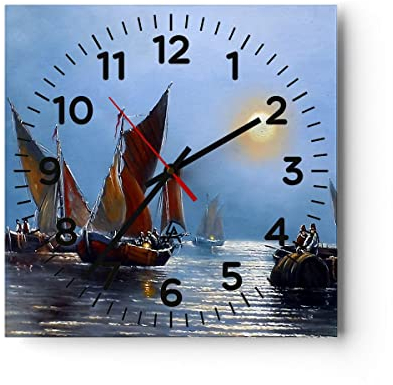 Modern Wanduhr Boote Sonne Fischer Angeln 40x40cm Quadrat Groß Wand Uhr Glas Analog Zimmeruhren Küche Büro Wohnzimmer Glasuhr Wall Clock Dekoration Design Wanddekoration Küchenuhr C4AC40x40-2957
