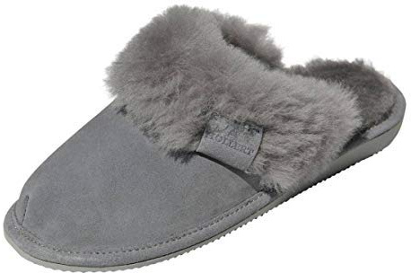 Hollert Damen Lammfell Hausschuhe Malibu GRAU Pantoffeln Wohlgefühl - warm, atmungsaktiv 100% Merino Schaffell Echtleder