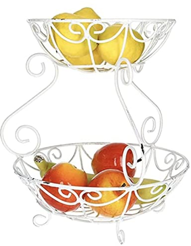 AmaCasa Shabby Etagere Weiß | Obstschale aus Metall für mehr Platz | Used Look | Der Obstkorb besteht aus einem Teil und besitzt zwei Etagen/Obstschalen | Maße: 26,5x26,5x29cm