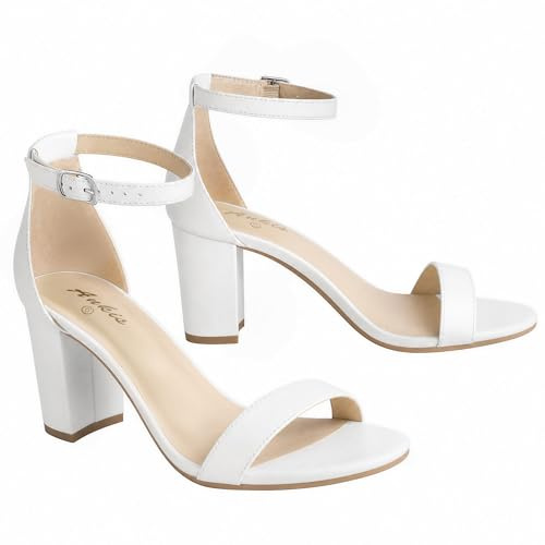 Ankis White Heels for Women - Open Toe Ankle Strap Chunky Heel Sandals Party Wedding Strappy Buckle Sandals 2.75 Inches Tall Thick Heel Design