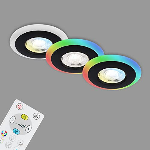 BRILONER Leuchten - 3er Set Einbauleuchten Decke LED, LED Lichtring RGB CCT, Einbaulampen flach, Einbaustrahler Bad, Badeinbaustrahler IP44, Schwarz, 84x34 mm (DxH)
