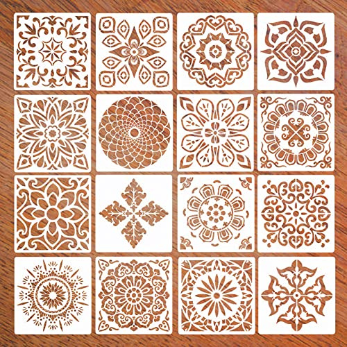 XNJIHWA 16 stycken mandala-stenciler set, 15 cm x 15 cm, återanvändbara plastmallar, ritning, målarmallar för golv, fönster, möbler, trä, väggdekoration