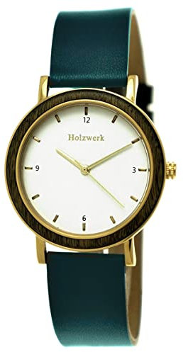 Holzwerk Germany Handgefertigte Designer Damen-Uhr Öko Natur Holz-Uhr Leder Armband-Uhr Analog Klassisch Quarz-Uhr Grün Gold Braun (grün)