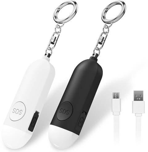 Qoosea 2 Taschenalarm mit 130 dB Persönlicher Alarm Safesound Persönlicher Sicherheitsalarm Wiederaufladbare Sirene Polizei genehmigte Panik Alarm mit LED-Licht, Schlüsselanhänger (Schwarz+Weiß)