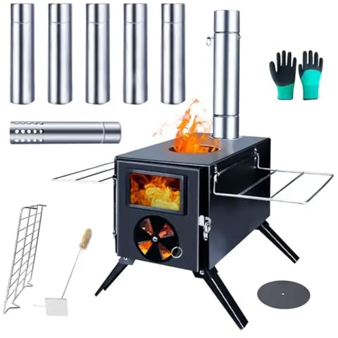 Portable Wood Burning Stove, Foldable Black Camping Tent Stove with Chimneys Alloy Steel Alloy Steel High Temperature Resistant Heater for Tents, Lodging and Hiking