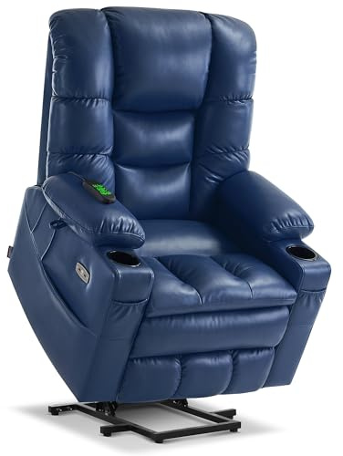 MCombo Triple Motor Electric Riser Recliner Chair for Elderly, Recliner Armchair with Massage & Dual Heating, Adjustable Headrest, Faux Leather 7634 (Blue, Large)