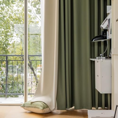 Whoiy Gardine Verdunkelnd 138 cm Hoch, Vorhänge Grün Creme Wohnzimmer Chenille mit Ösen Fenster Vorhang Patchwork Einfarbig Moderne 2er Set Verdunkelungsvorhänge für Schlafzimmer, 138x86 cm