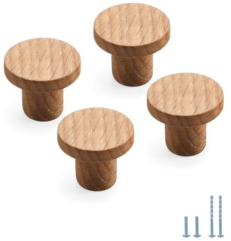 Evionlin 4 pcs Oak Round Chinese-Style Cabinet Door Handles Cabinet Drawer Pulls Single-Hole Wardrobe Knobs Wooden Door