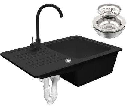 Aquamarin® Spülbecken - Granit, Set, ca. 56,9 x 44,9 cm, mit Ablaufgarnitur, Schwarzem Wasserhahn, umkehrbarer Abtropffläche, Rechteckig, Schwarz - Einbauspüle, Spüle, Verbundspüle, Küchenspüle