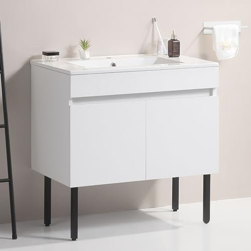 Waschbecken, 24 Zoll schwebender/freistehender Doppelwaschtisch mit Keramikwaschbecken, wandmontierter Waschtisch mit Aufsatzwaschbecken und Aufbewahrungsschrank, Badezimmerschrank-Set aus M