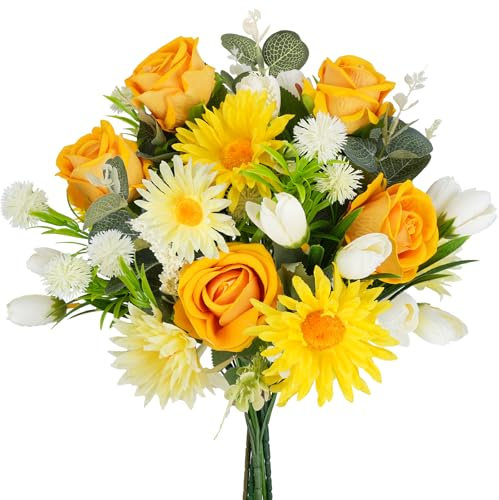 Fairblo Rose Gialle Finte Fiori di Seta Artificial Bouquet di Fiori Tulipani Piante Artificiali Dente di Leone per Matrimoni, Casa, Feste di Compleanno, Decorazioni da Giardino