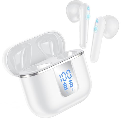 CoolJumper Bluetooth Wireless Headphones Bluetooth 5.3 Earphones with 4 HD Mic HiFi Stereo, Wireless Headphones with Powerful 13mm Speakers, LED Display, IPX7 Waterproof, White