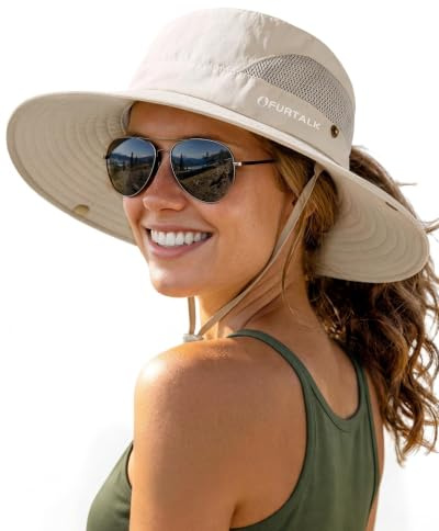 FURTALK Womens Sun Hat Beach Summer Wide Brim UPF 50+ Outdoor Protection Foldable Lightweight Ponytail Bucket Hat Beige, One Size