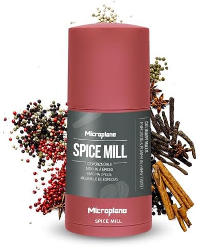 Microplane Gewürzmühle 2in1 – Lippenstift Pink | Manuelle Mühle mit rasiermesserscharfer Edelstahlklinge | Reibt Muskatnuss, Zimt, Tonkabohne, LangenPfeffer, Nüsse & mehr
