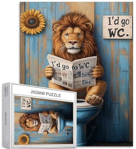 Löwe sitzt auf einem offenen Toilettensitz und liest eine Zeitung, 1000-teiliges Puzzle für Erwachsene, farbige DIY-Puzzles für die Hausdekoration, Geschenke, Familienpuzzle, perfekt für die