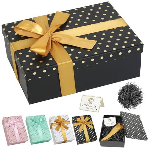 Schwarz Geschenkbox mit Deckel 25x18x8.5cm Groß Geschenkbox | Polka Dot Muster mit Raffiapapier,Grußkarte,Schleife, Faltbare Geschenkverpackung Box für Hochzeit Geburtstag Weihnachten