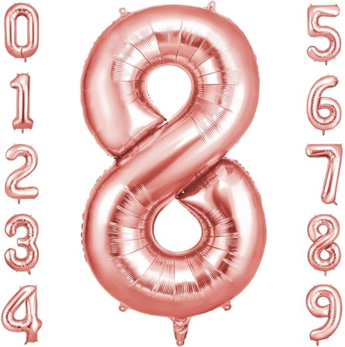 OFFCUP Geburtstag Zahlen Luftballon Roségold, Geburtstagsdeko Ballons Zahl 8, Riesige Folienballon in 40 Helium Ballons für Männer Frauen Geburtstagsparty Deko, Jubiläum 8 Jahre Deko