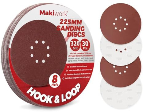 Makiwork Lot de 30 Disques Abrasifs 225 mm Grain 320 – 8 Trous – Auto-Agrippants – pour Ponceuse Girafe – Idéal Ponçage Mur, Placo et Cloisons Sèches