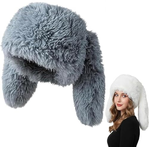 GUSHE Cute Long Bunny Ear Plush Hat, Hasenohren-Beanie für Damen und Mädchen, Fuzzy Hasenohren Hut, Niedliche pelzige Beanie mit Ohren, Winter warme Mütze für Festival, Ostern, Party (Grau)