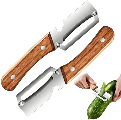 Juego de 2 Peladores de Verduras Multifunción – Peladores con mangos de madera maciza y abrebotellas integrados