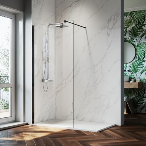 ZANOFIRA 700mm Black Walk in Shower Screen 8mm Toughened Safety Clear Glass Panel Wet Room Shower Screen with Stainless Steel Support Bar Reversible Adjustable Wall Profile