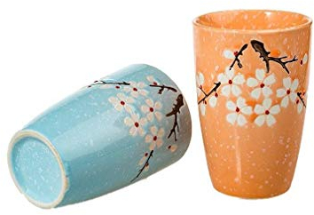 lachineuse - 2 Verres en Céramique Fleurs de Cerisiers - Coloris Bleu et Orange Pastel - Vaisselle Japonaise - Tasse Mug pour Thé, Café, Boissons Fraiches - Idée Cadeau Asie Chine Japon