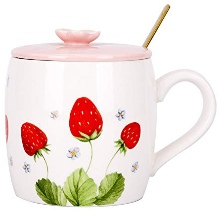 VanEnjoy Tasse en céramique 368,5 g motif fraise, tasse à café, tasse à thé, avec cuillère et couvercle, pour le bureau, la maison