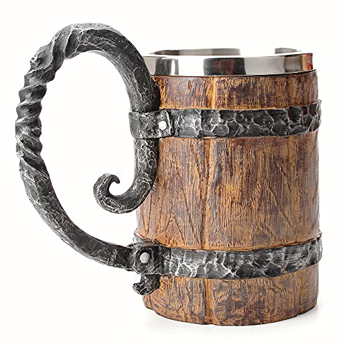 OTARTUDE Chope à bière vintage imitant le bois, style viking médiéval rétro en acier inoxydable, 500 ml, cadeau unique