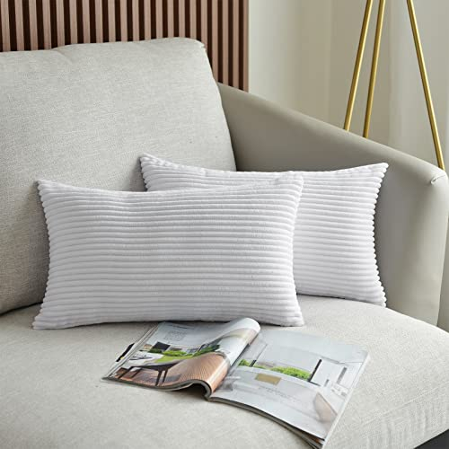 UPOPO 2er Set Kord Kissenbezug Dekorative Einfarbig Kissen Cord-Kissen Kissenhülle Kissenbezüge Dekokissen Zierkissen Sofakissen für Sofa Schlafzimmer Wohnzimmer mit Reißverschlüsse 30 X 50cm Weiss