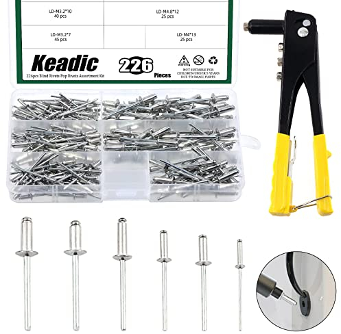 Keadic Rivettatrice manuale resistente con kit assortito di rivetti ciechi in alluminio di 6 misure, M2,4 M3,2 M4 M4,8 color argento e rivetti a mano per mobili e lavori in metallo automobilistici