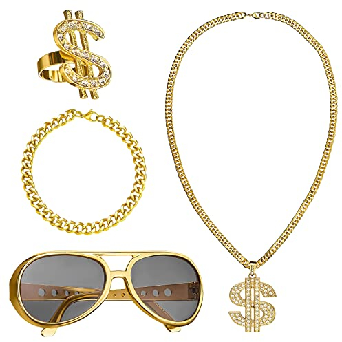 4 Stück Dollar Kette Set,Goldkette Herren,Zuhälter Kostüm,Rapper Goldkette Kostüm,Hiphop Kostüm Set,Dollar Zeichen Halskette Ringe Sonnenbrille Goldkette Fasching Karneval für 70er,80er,90er Jahre (A)