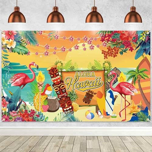 Woyamay Aloha Hawaii Deko Hintergrund Banner, Hawaiian Aloha Party Dekorationen, Flamingo Deko Fotohintergrund für Beach Party Deko, Tropische Strand deko Party Banner für Sommer Deko, 185 * 110 cm