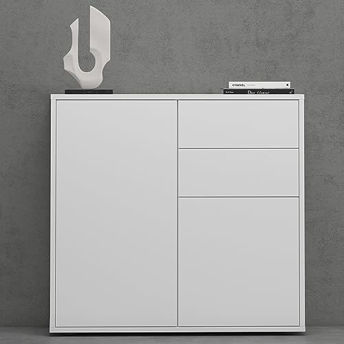 Mai & Mai Sideboard 80cm Kommode 2 Türen 2 Schubladen viel Stauraum | Kommode mit Schubladen & verstellbaren Böden, matt Weiß, grifflos, Schrank für Wohnbereich, BxTxH: 80x36x74 cm, Schrank05