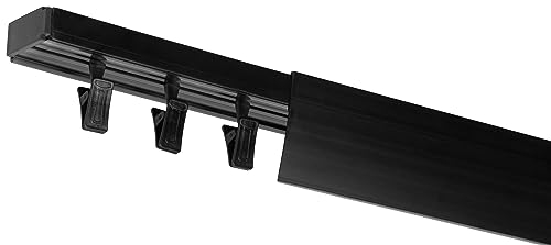 RENA Vorhangschiene 1-Läufig Gardinenschiene aus Kunststoff Vorhang-Deckenschiene mit Abdeckung und Klammern Gardinenleiste Gardinenstange Gardinen Vorhänge für Deckenmontage Schwarz 200cm
