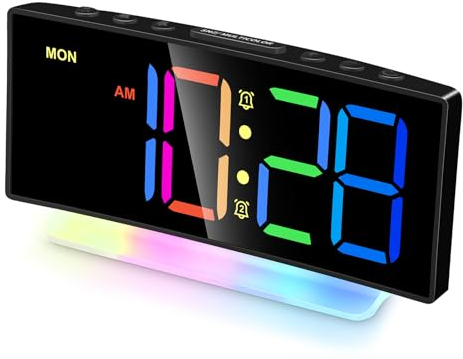 Lafocuse Curved Digital Alarm Clock with RGB Colorful Light, 8 Colors LED Display & 7 Night Light, Dual Alarms, Snooze, USB Charger, Brightness Dimmer for Bedside Heavy Sleepers Kids, Black