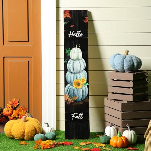 Dandat 42 Inch Thanksgiving Wooden Pumpkin Porch Sign Farmhouse Vertical Hanging Sign Thanksgiving Welcome Sign for Fall Harvest Thanksgiving Autumn Indoor Outdoor Front Porch Decorations